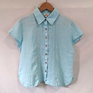 J.Jill 100% Linen Breathable Light Aqua Dainty Lace Pencil Pleat Blouse Sz Small